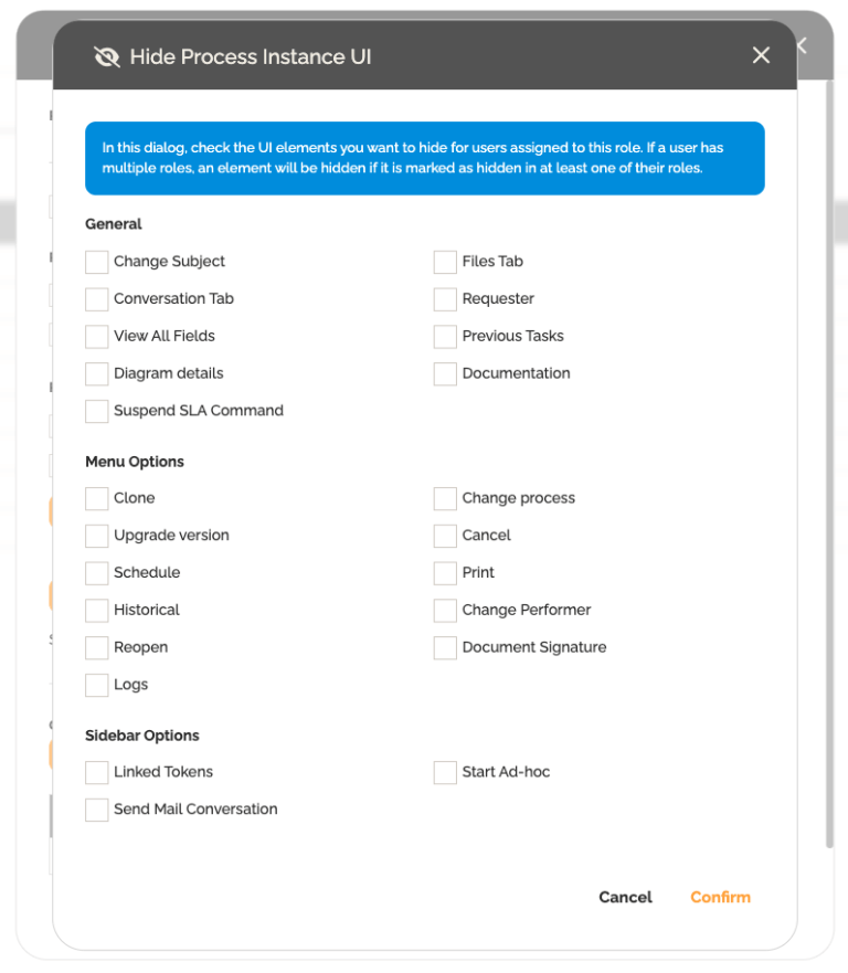 How to hide actions in a process execution with custom roles?